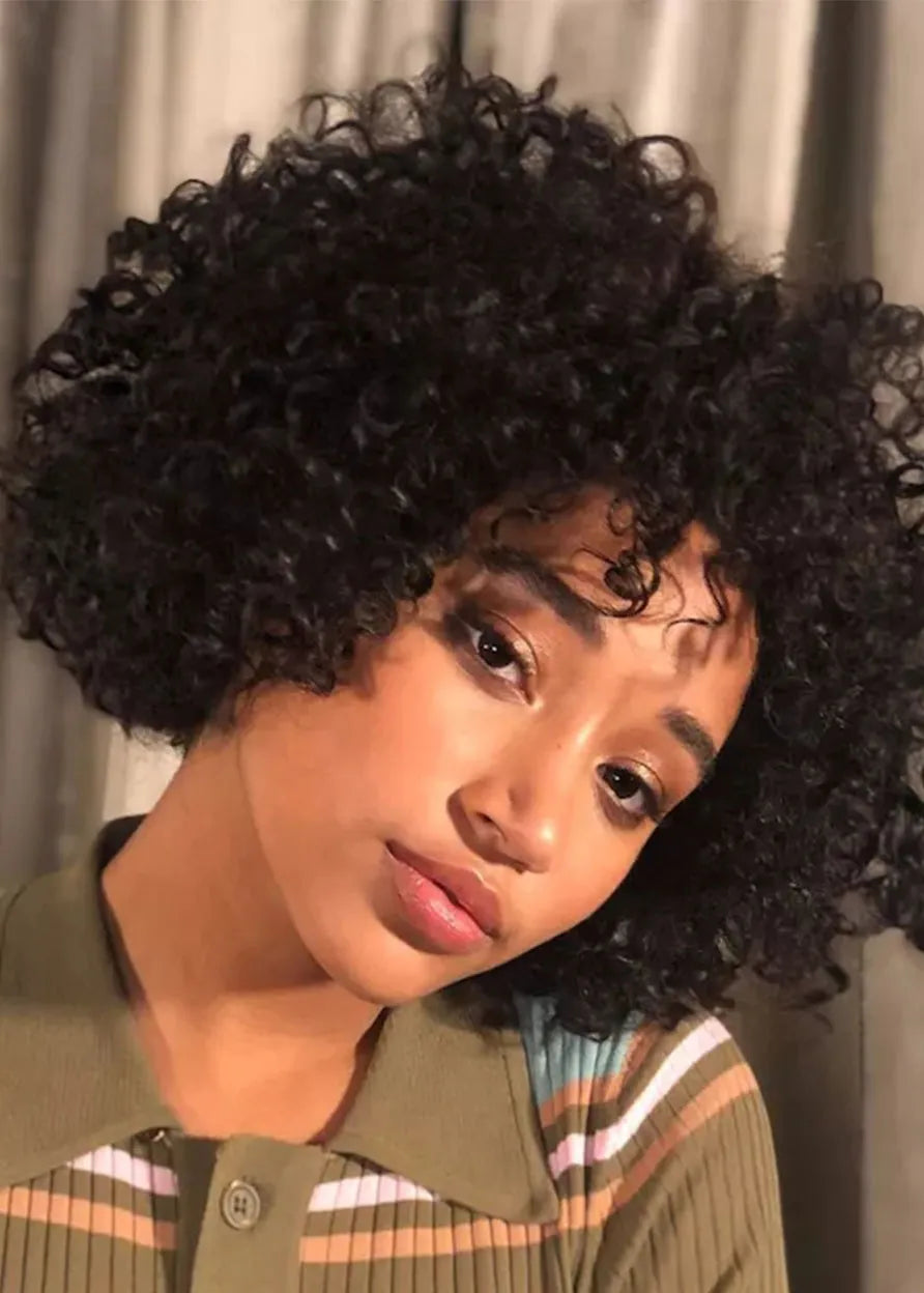 Medium Hairstyles Women's Afro Kinky Culry Synthtic Hair Wigs Capless Wigs 14Inch