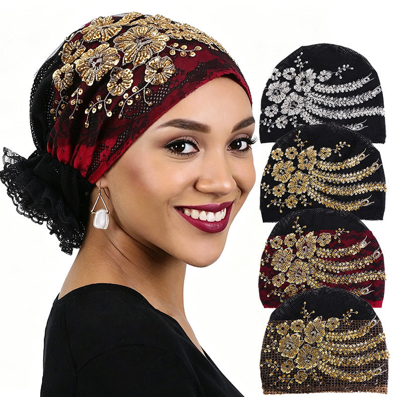Lace Beaded Sequin Floral Turban Hat, Base Hat, Head Wrap Hat, Mesh Hair Protection Hat Jdt-523