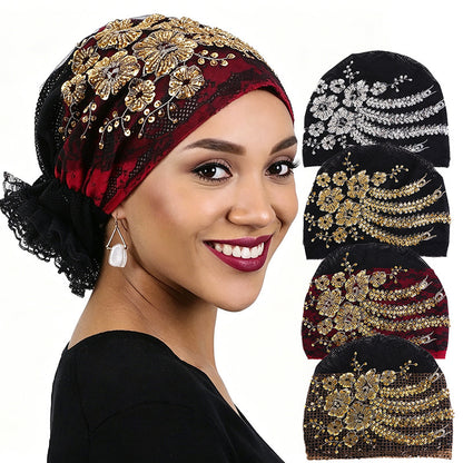 Lace Beaded Sequin Floral Turban Hat, Base Hat, Head Wrap Hat, Mesh Hair Protection Hat Jdt-523