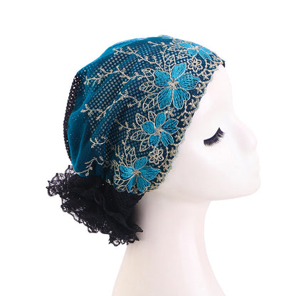 New Cross-Border Breathable Lace Hat, Floral Turban Hat, Ethnic Hat, Hair Care Hat Jdt-500