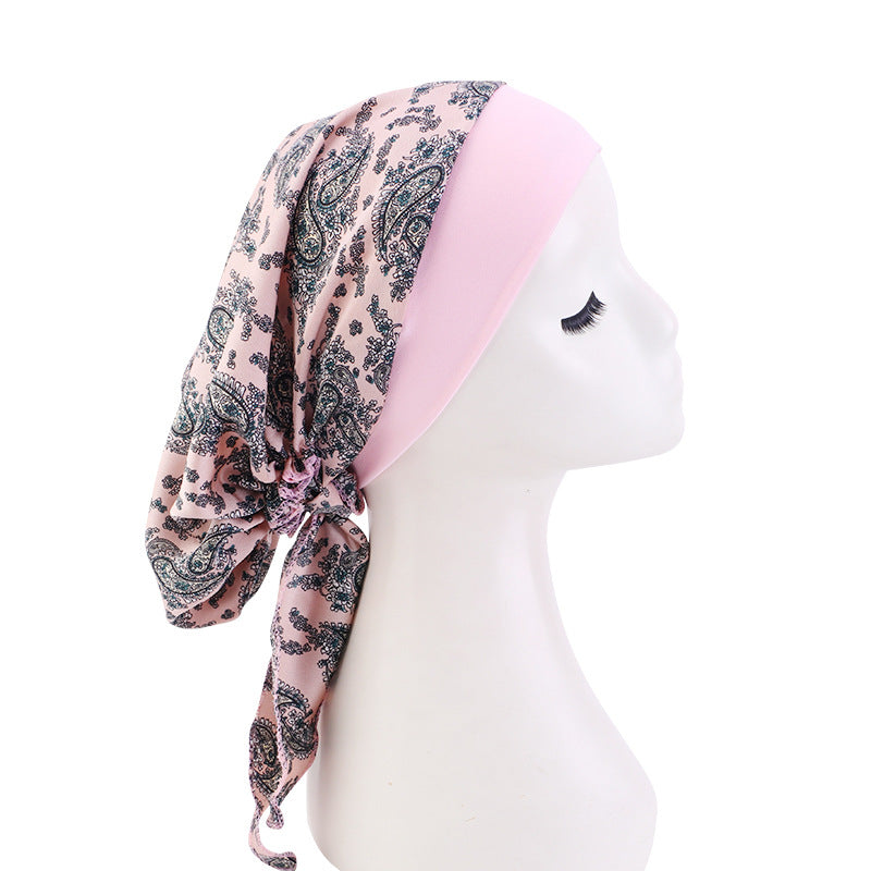 Pastoral Style Elastic Wide-Brimmed Imitation Silk Turban Hat, Long Tail Braid Hat, Chemotherapy Hat, Cross-Border Supply