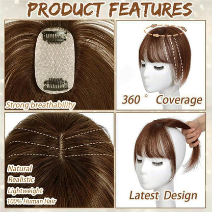 Hair Toppers for Women Real Human Hair, Bangs Hair Clip 360° 3D Cover Human Hair Topper with Bangs