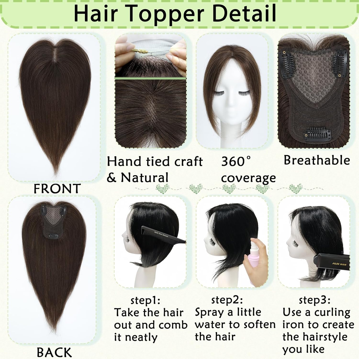 Hair Toppers for Women Real Human Hair 360° No Bangs Upgrade Lace Base Human Hair Toppers