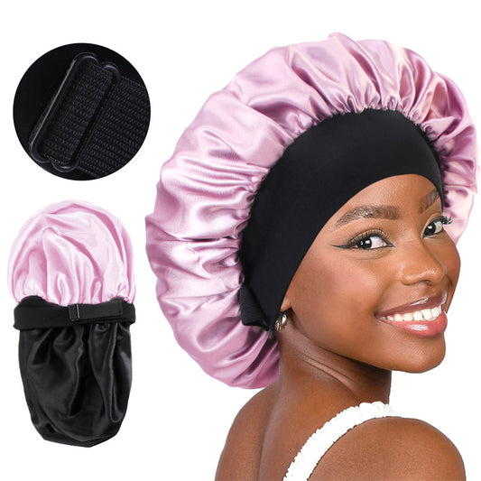 European and American New Style Large Invisible Adjustable Buckle Double-Layer Satin Wide-Brimmed Sleep Cap Hair Care Turban Hat Jdb-301-2C