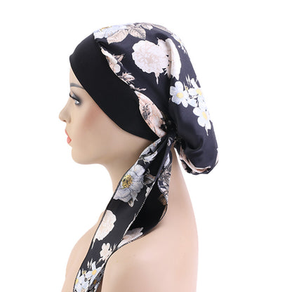 Pastoral Style Elastic Wide-Brimmed Imitation Silk Turban Hat, Long Tail Braid Hat, Chemotherapy Hat, Cross-Border Supply