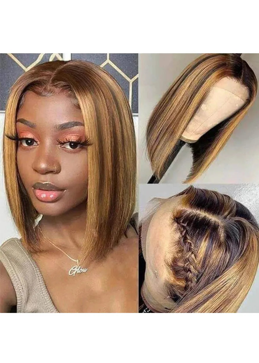 Highlight Straight Hair Middle Part Lace Front Bob Wig 12 Inch