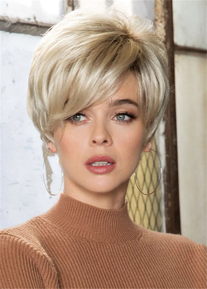 Pixie Cut Side Parted Feathered Sraight Synthetic Hair Capless Wigs 8 Inch