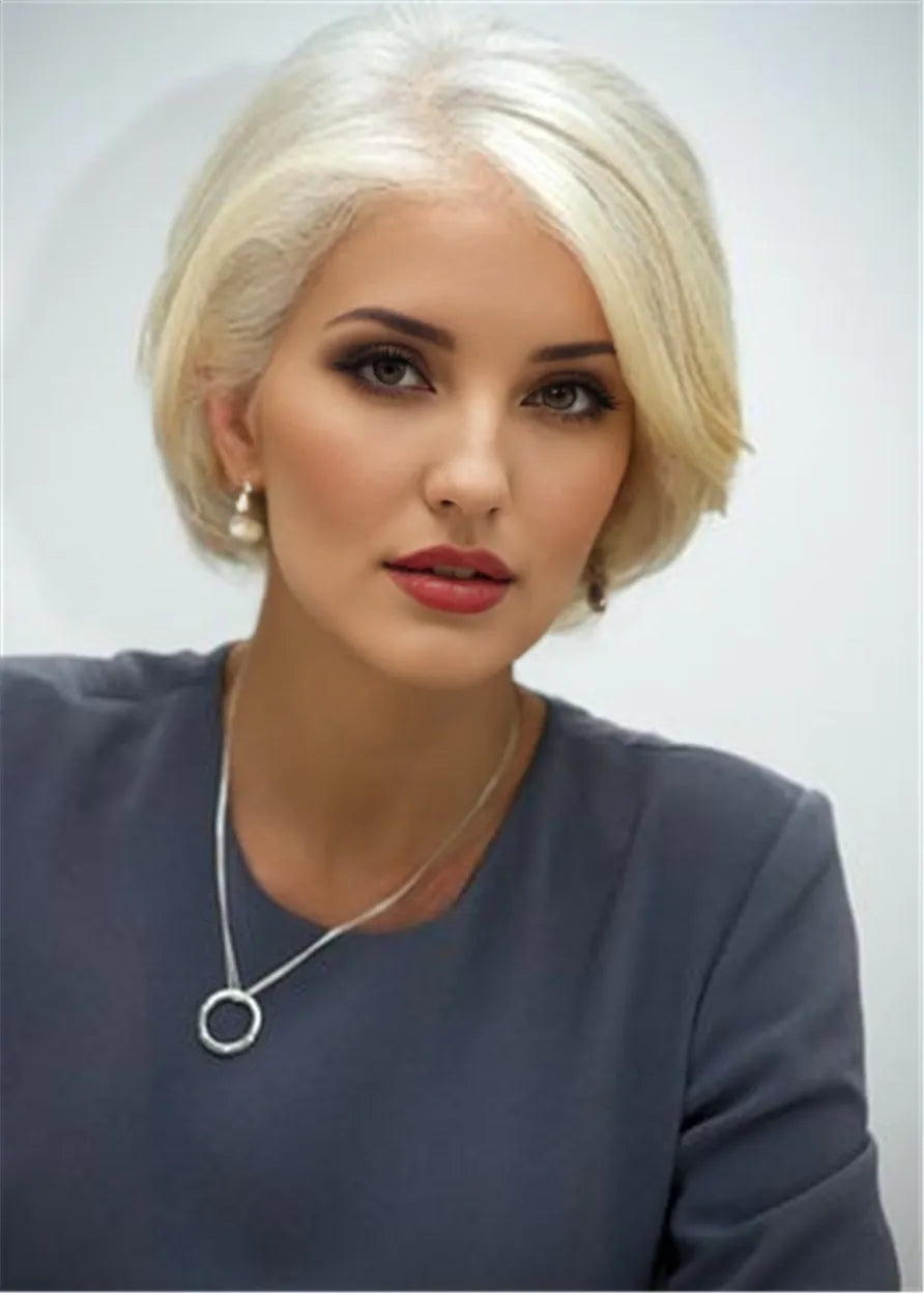 Bob One Side Part White Straight Human Hair Wig Lace Front Cap 8 Inches