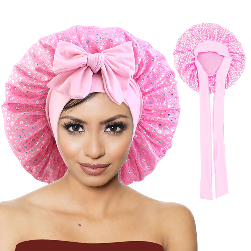 New Sequin Elastic Ribbon Satin Nightcap Headband Turban Beauty Hair Care Cap Jdb-301T