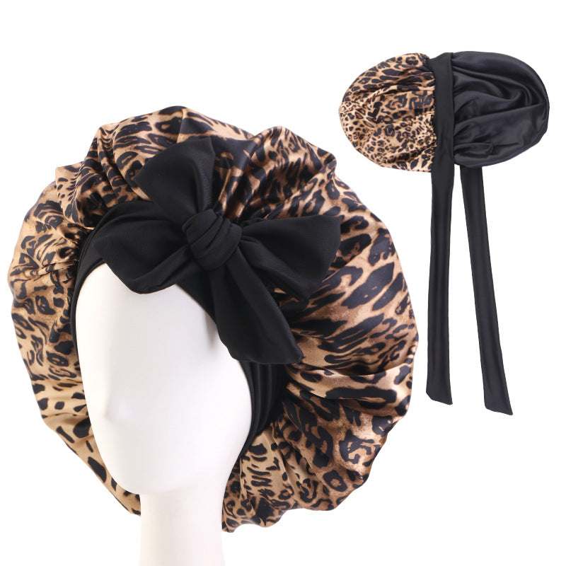 Amazon Source Double-Layer Printed Satin Sleep Cap with Wide Elastic Ribbon, Turban Hat, Tie-On Shower Cap