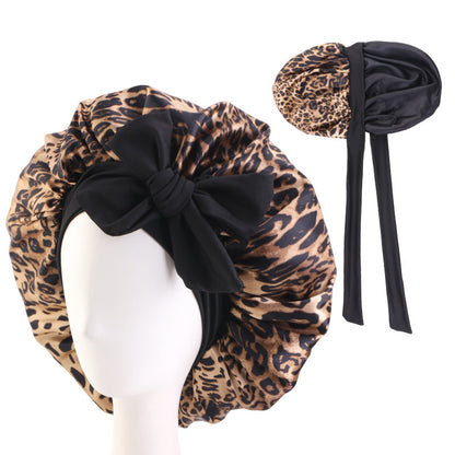 Amazon Source Double-Layer Printed Satin Sleep Cap with Wide Elastic Ribbon, Turban Hat, Tie-On Shower Cap