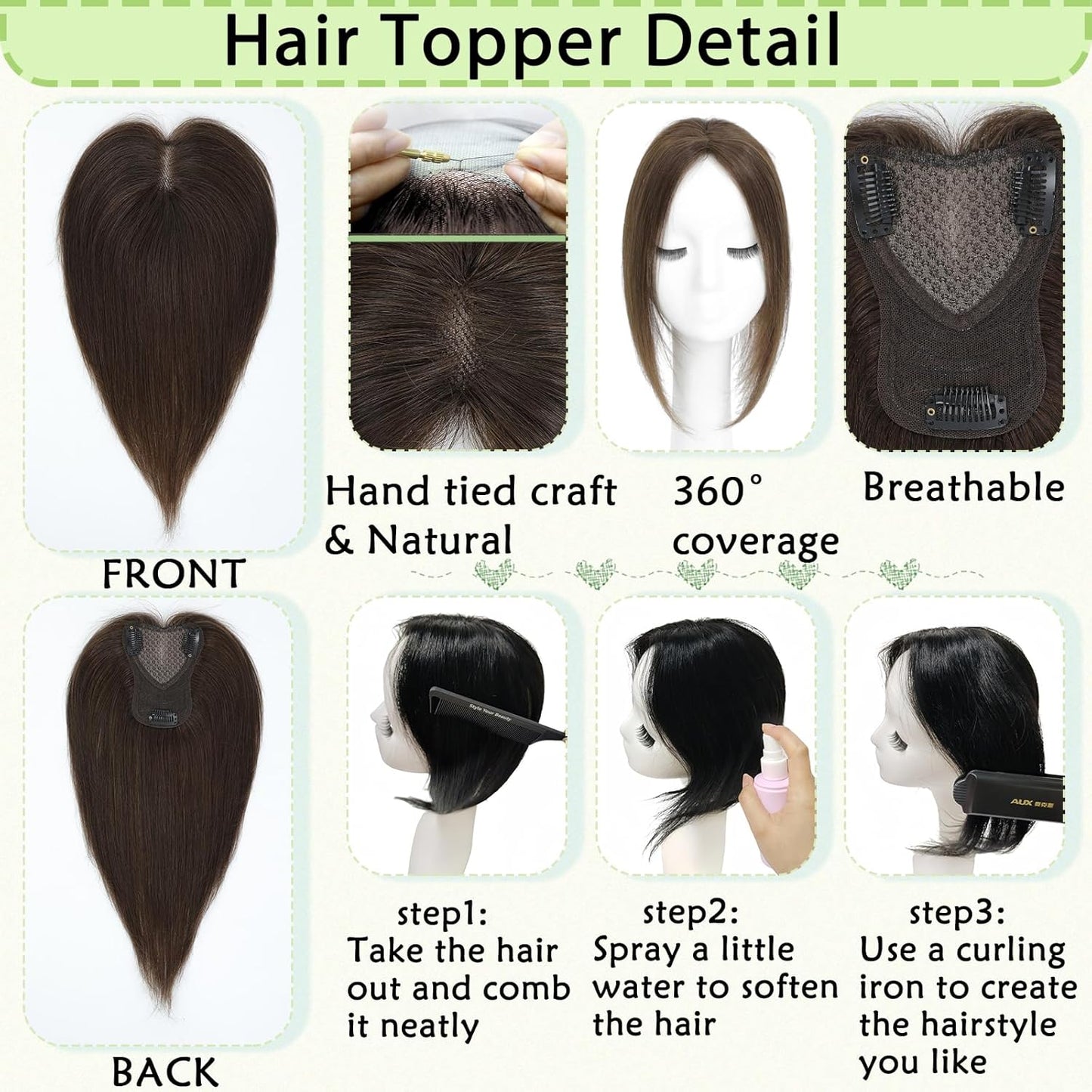 Hair Toppers for Women Real Human Hair 360° No Bangs Upgrade Lace Base Human Hair Toppers