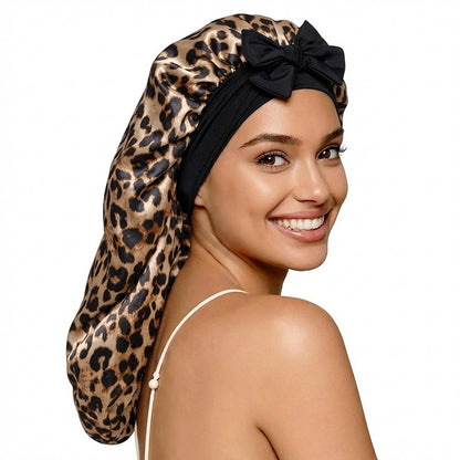 New Leopard Print Sleep Cap with Wide Elastic Band, Long Hair Care Cap with Tie, Headscarf Hat Jdb-446X