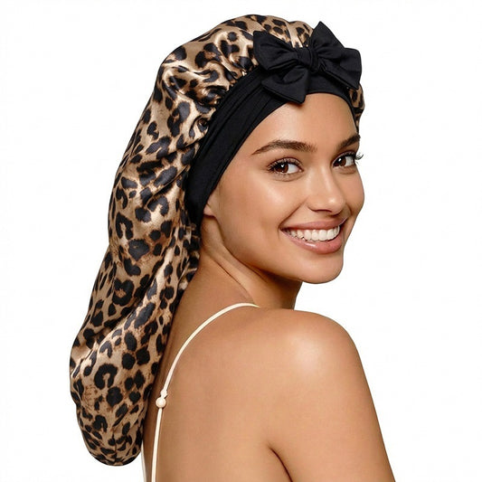 New Leopard Print Sleep Cap with Wide Elastic Band, Long Hair Care Cap with Tie, Headscarf Hat Jdb-446X