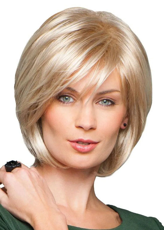 Women's Short Bob Hairstyle Natural Straight Blonde Human Hair Lace Front Cap Wigs 10Inch