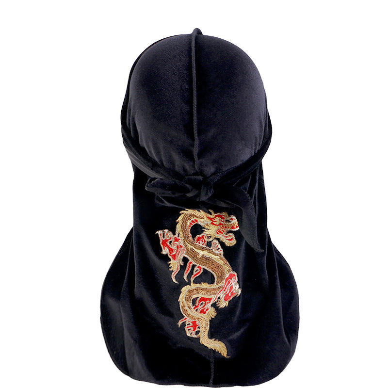 Autumn and Winter thickened gold velvet long tail pirate hat Chinese dragon hot stamping strap hip hop cloak DURAG