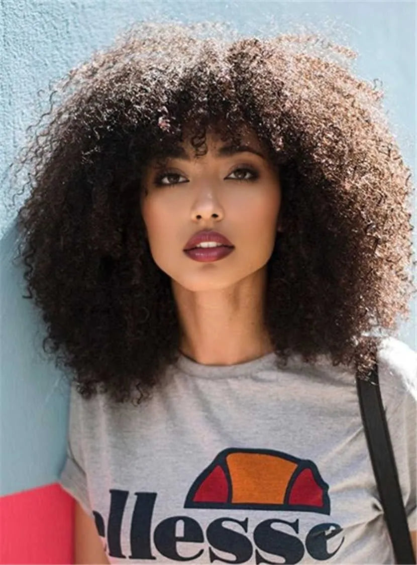 Mittellange, natürliche, lockige, verworrene Afroamerikaner-Perücke aus Kunsthaar ohne Kappe, 14 Zoll