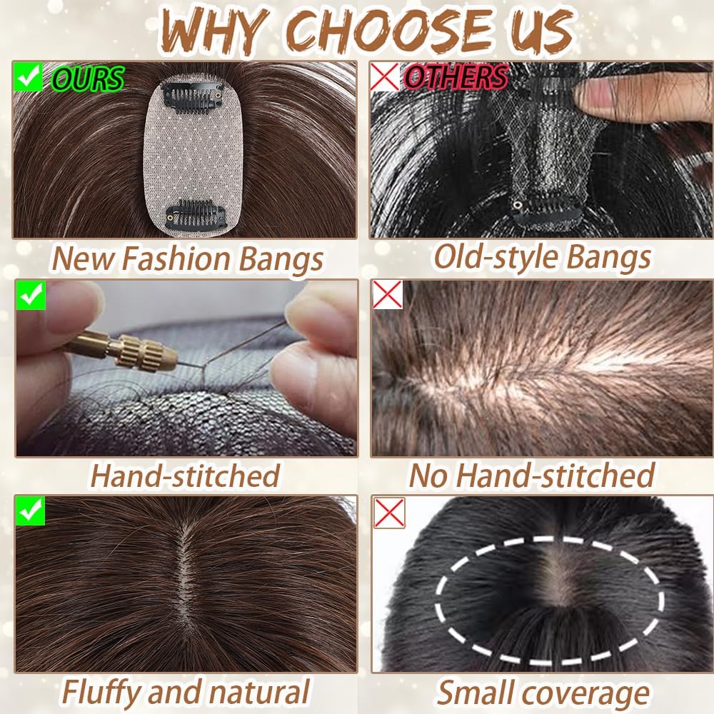 Hair Toppers for Women Real Human Hair, Bangs Hair Clip 360° 3D Cover Human Hair Topper with Bangs