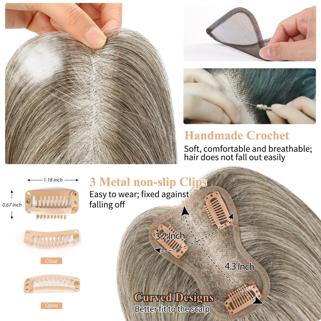 Hair Toppers for Women Real Human Hair Salt and Pepper Grey Human Hair Toppers 10 inch Dark Grey