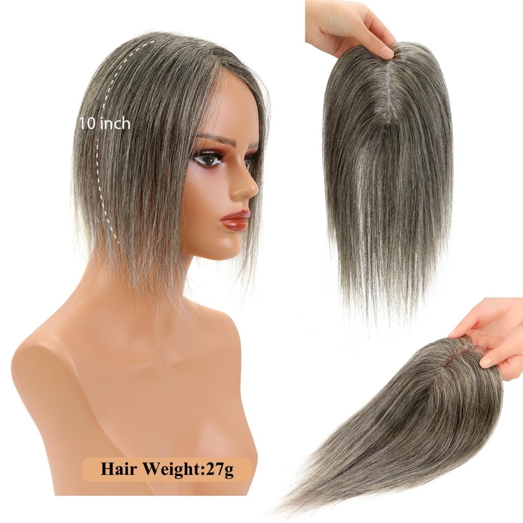 Hair Toppers for Women Real Human Hair Salt and Pepper Grey Human Hair Toppers 10 inch Dark Grey