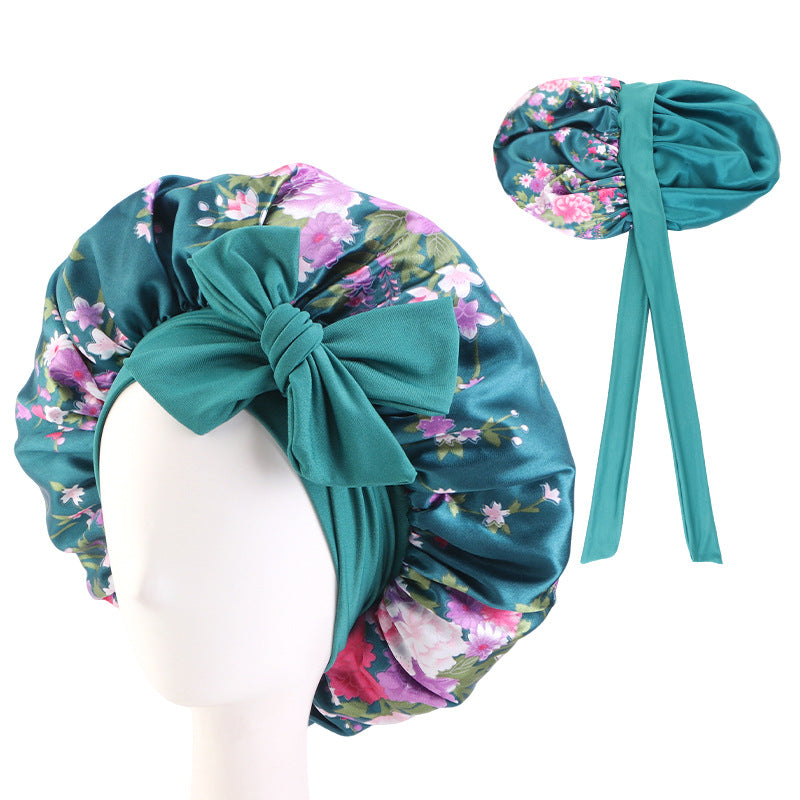 Amazon Source Double-Layer Printed Satin Sleep Cap with Wide Elastic Ribbon, Turban Hat, Tie-On Shower Cap