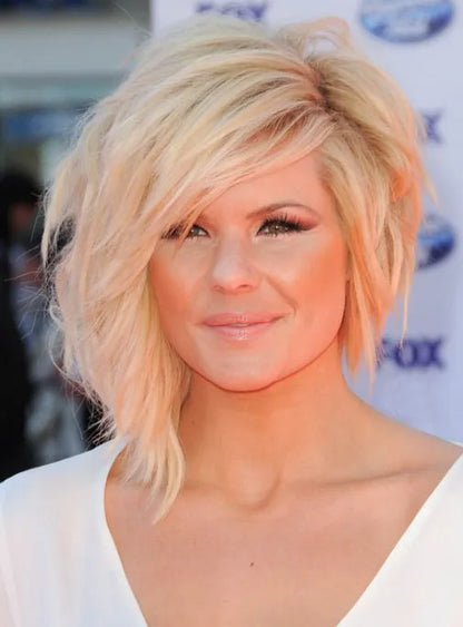 Custom Kimberly Caldwell Asymmetrical Hairstyle Medium Wavy Blonde Full Lace Wig 100% Human Hair 12 Inches