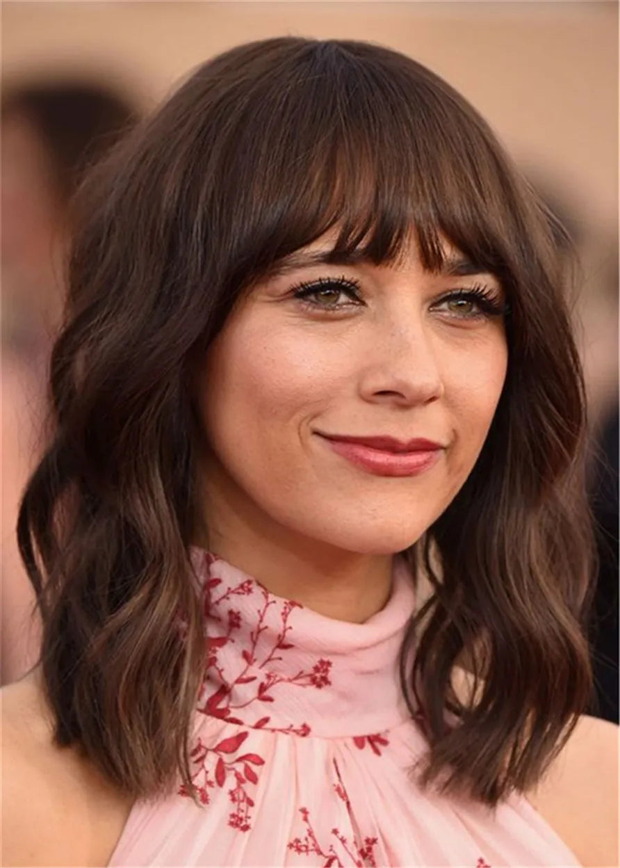 Long Bob Wavy Human With Bangs 16 Women Wig 16 Inches