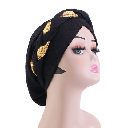 Cross-Border Solid Color Sequin Braided Cross-Turban Hat Small Hat Head Wrap Hair Protection Hat Jdt-429F