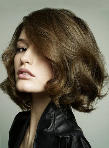 Hand Knotted 100% Human Hair Trendy Exquisite Cut Bob Hairstyle Medium Silky Wavy Brown Lace Wig 10 Inches