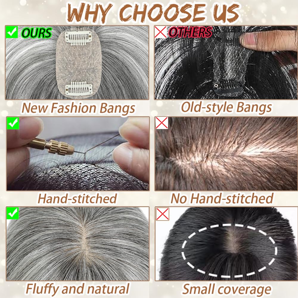 Hair Toppers for Women Real Human Hair, Bangs Hair Clip 360° 3D Cover Human Hair Topper with Bangs