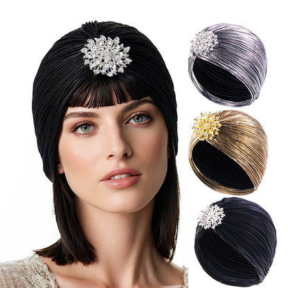 Vintage Alloy Diamond Pleated Gold-Stamped Turban Hat Ethnic Headwrap Tjm-79G