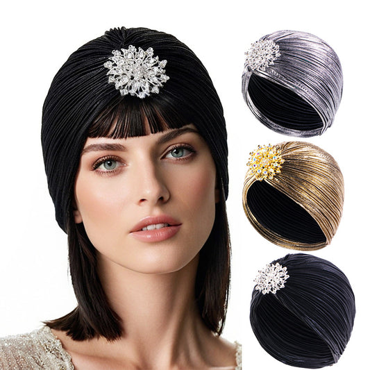 Vintage Alloy Diamond Pleated Gold-Stamped Turban Hat Ethnic Headwrap Tjm-79G