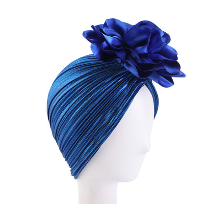 African Style Shiny Silk Pleated Large Flower Headscarf Hat, Ethnic Hat, Hair Loss Hat, Wedding Hat Tjm-79D