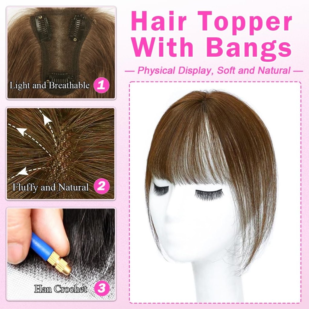 Hair Toppers For Women Real Hair 360° 3D Cover Human Hair Topper Wig with Bangs Hair Pieces
