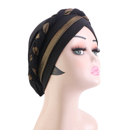 Cross-Border Braided Headscarf Hat Factory New Model Gold-Stamped Two-Color Handmade Headscarf Custom-Made Upon Request Jdt-429M