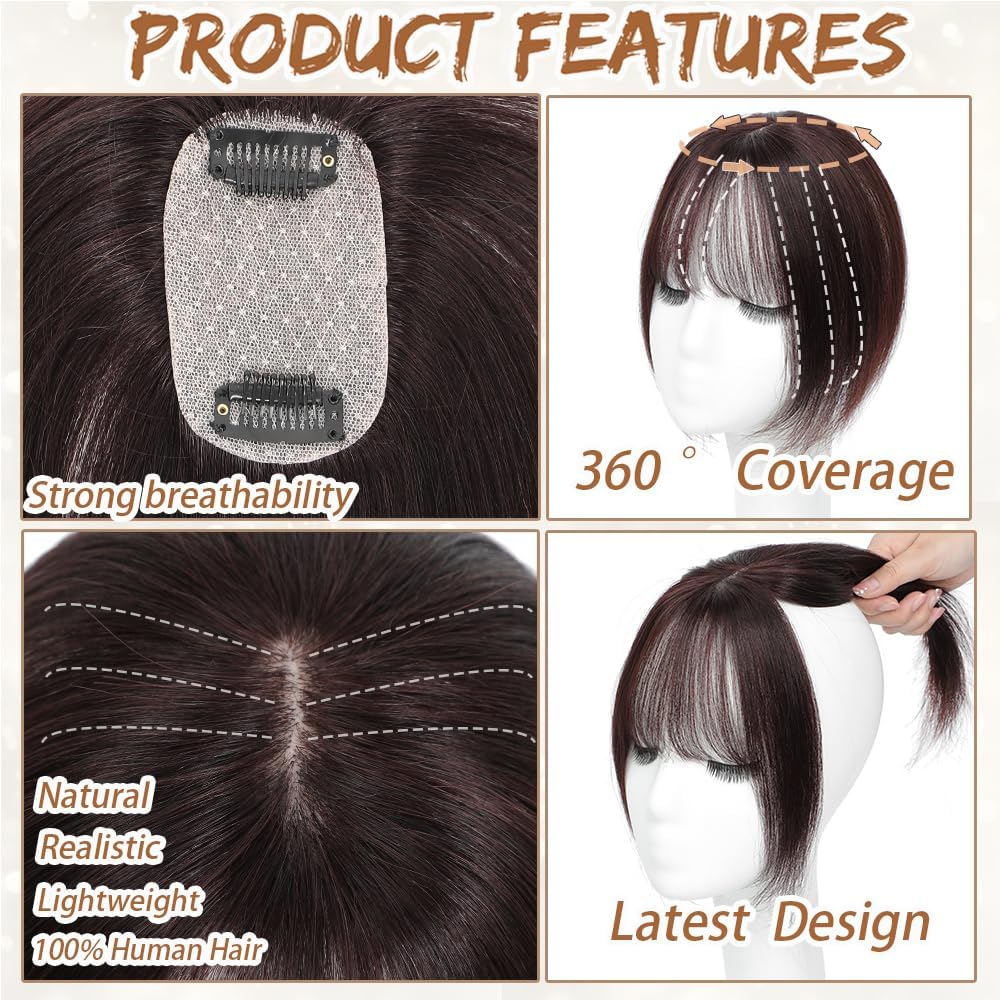 Hair Toppers for Women Real Human Hair, Bangs Hair Clip 360° 3D Cover Human Hair Topper with Bangs