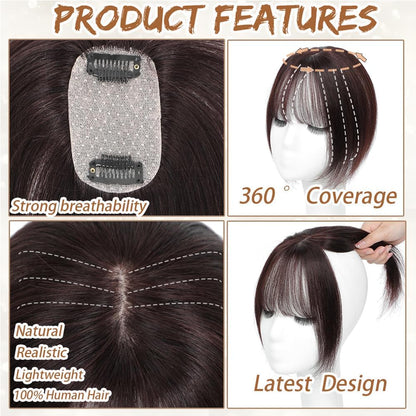 Hair Toppers for Women Real Human Hair, Bangs Hair Clip 360° 3D Cover Human Hair Topper with Bangs