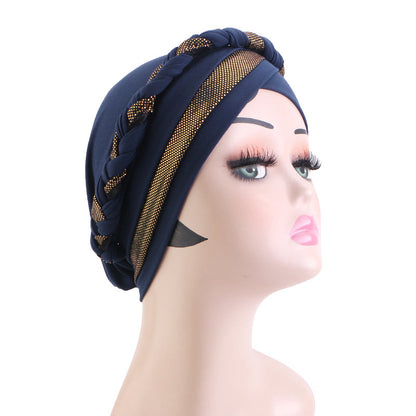 Cross-Border Braided Headscarf Hat Factory New Model Gold-Stamped Two-Color Handmade Headscarf Custom-Made Upon Request Jdt-429M