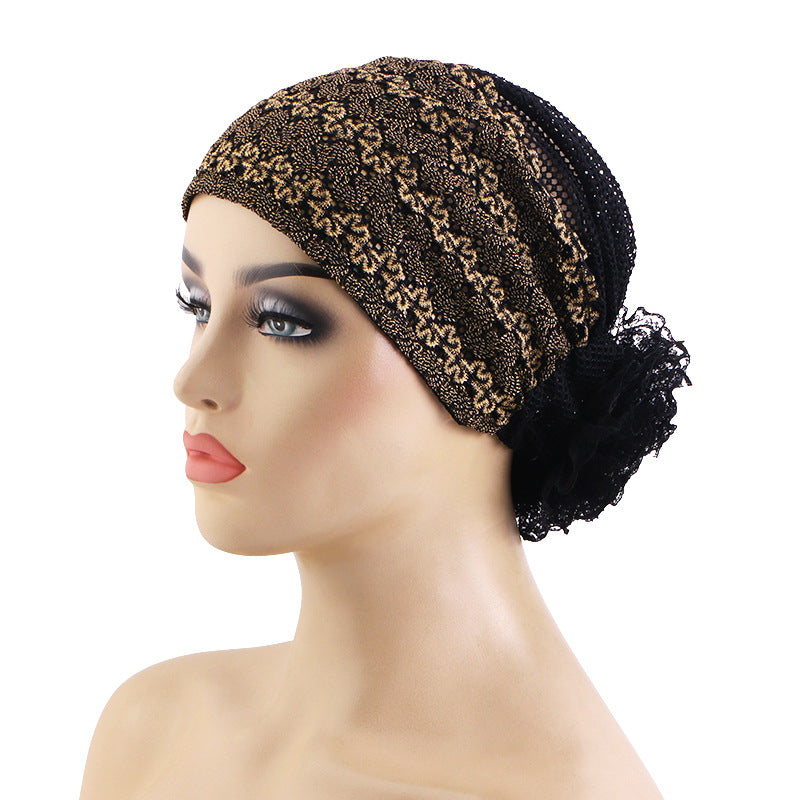 New Cross-Border Breathable Lace Mesh Hat, Ethnic Headscarf with Floral Embellishment, Hair-Protecting Headscarf Hat Jdt-517