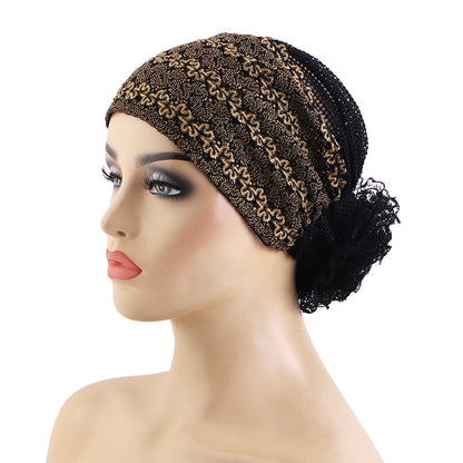 New Cross-Border Breathable Lace Mesh Hat, Ethnic Headscarf with Floral Embellishment, Hair-Protecting Headscarf Hat Jdt-517