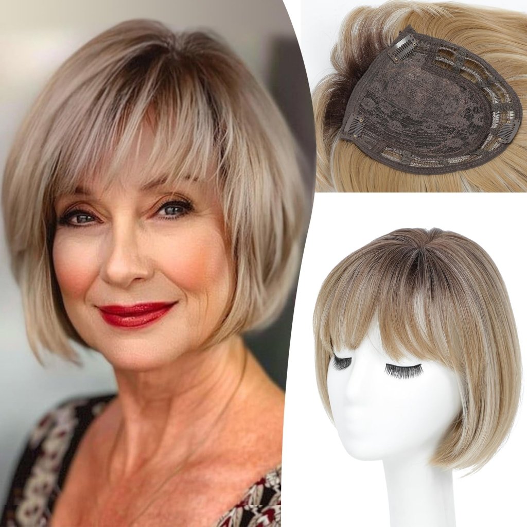 Human Hair Pieces Short Bob Hair Toppers with Bangs Side Part Hair