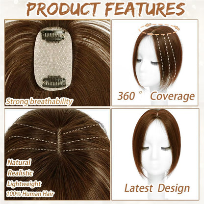 Hair Toppers for Women Real Human Hair, Bangs Hair Clip 360° 3D Cover Human Hair Topper with Bangs