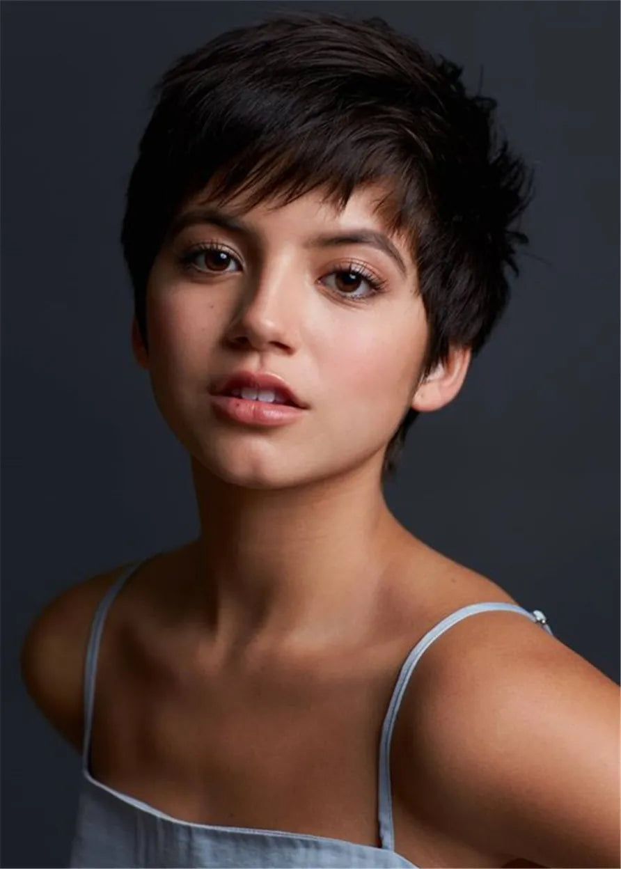 Short Layered Hairstyle Natural Straight Human Hair Full Lace Wig With Bangs