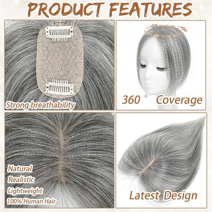 Hair Toppers for Women Real Human Hair, Bangs Hair Clip 360° 3D Cover Human Hair Topper with Bangs
