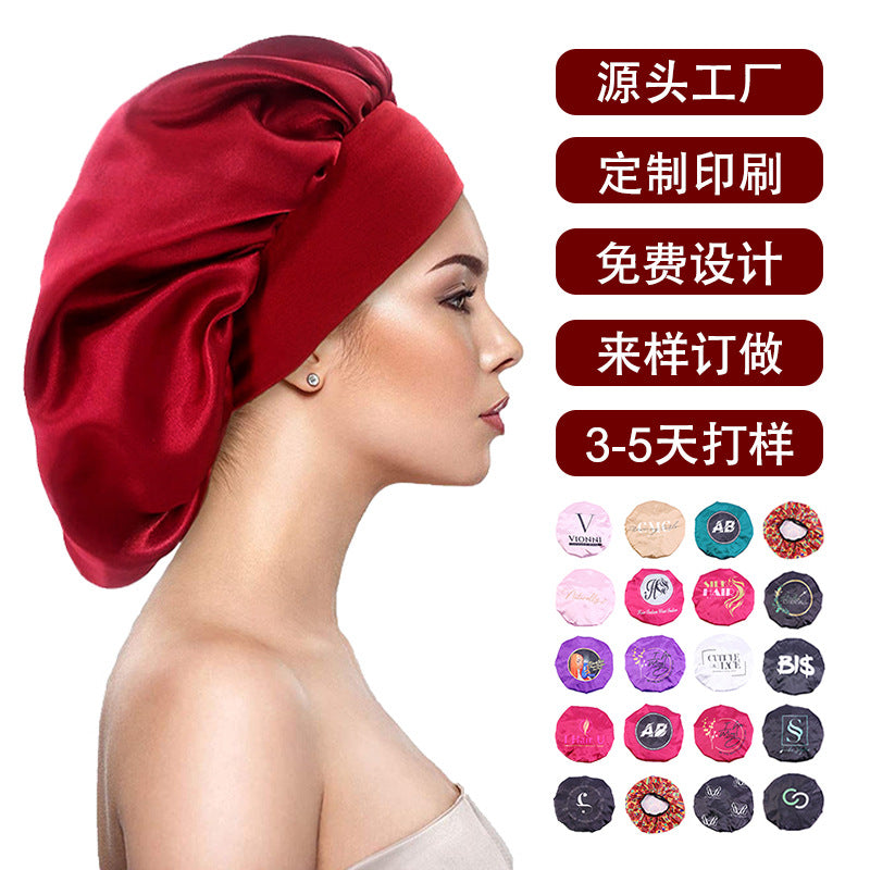 Professional Custom Printing of Logo Large Satin Wide-Brimmed Sleep Cap, Beauty and Hair Care Cap, Headscarf Cap, Direct from the Source Factory