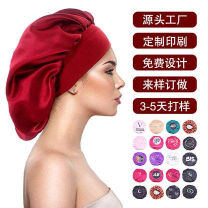 Professional Custom Printing of Logo Large Satin Wide-Brimmed Sleep Cap, Beauty and Hair Care Cap, Headscarf Cap, Direct from the Source Factory