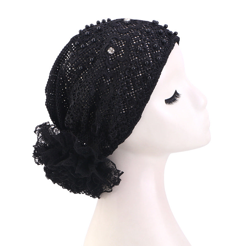 Cross-Border New Breathable Lace Pearl Hat, Floral Turban Hat, Head Wrap Hat, Hair Care Hat Jdt-502