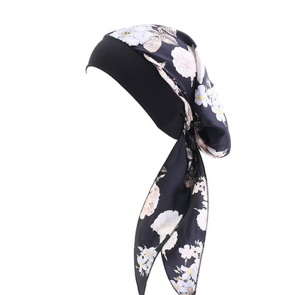 Pastoral Style Elastic Wide-Brimmed Imitation Silk Turban Hat, Long Tail Braid Hat, Chemotherapy Hat, Cross-Border Supply