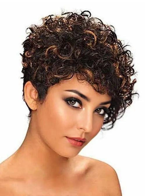 Hochwertige kurze, lockige, kappenlose Echthaarperücke, 10 Zoll