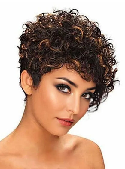 Hochwertige kurze, lockige, kappenlose Echthaarperücke, 10 Zoll